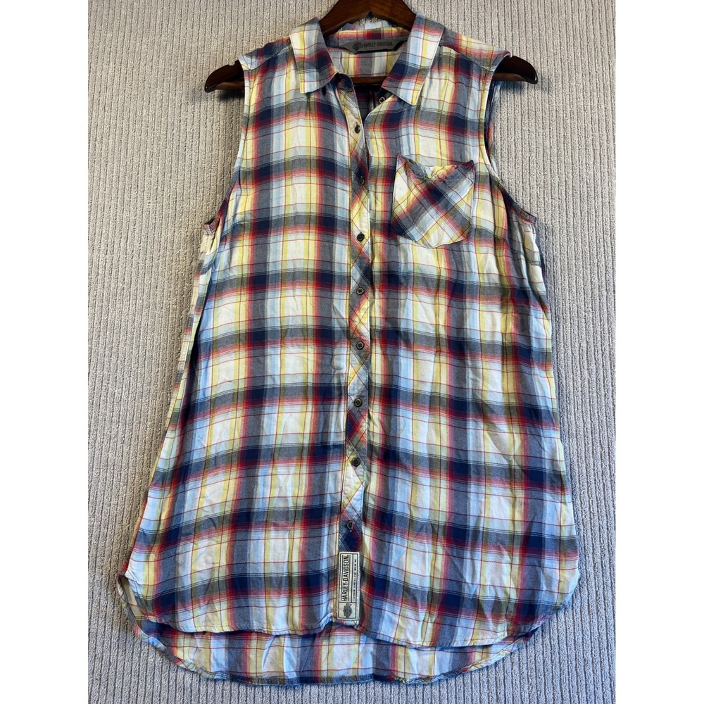 Harley-Davidson Top Womens M Plaid Sleeveless Button Down Shirt Graphic Back